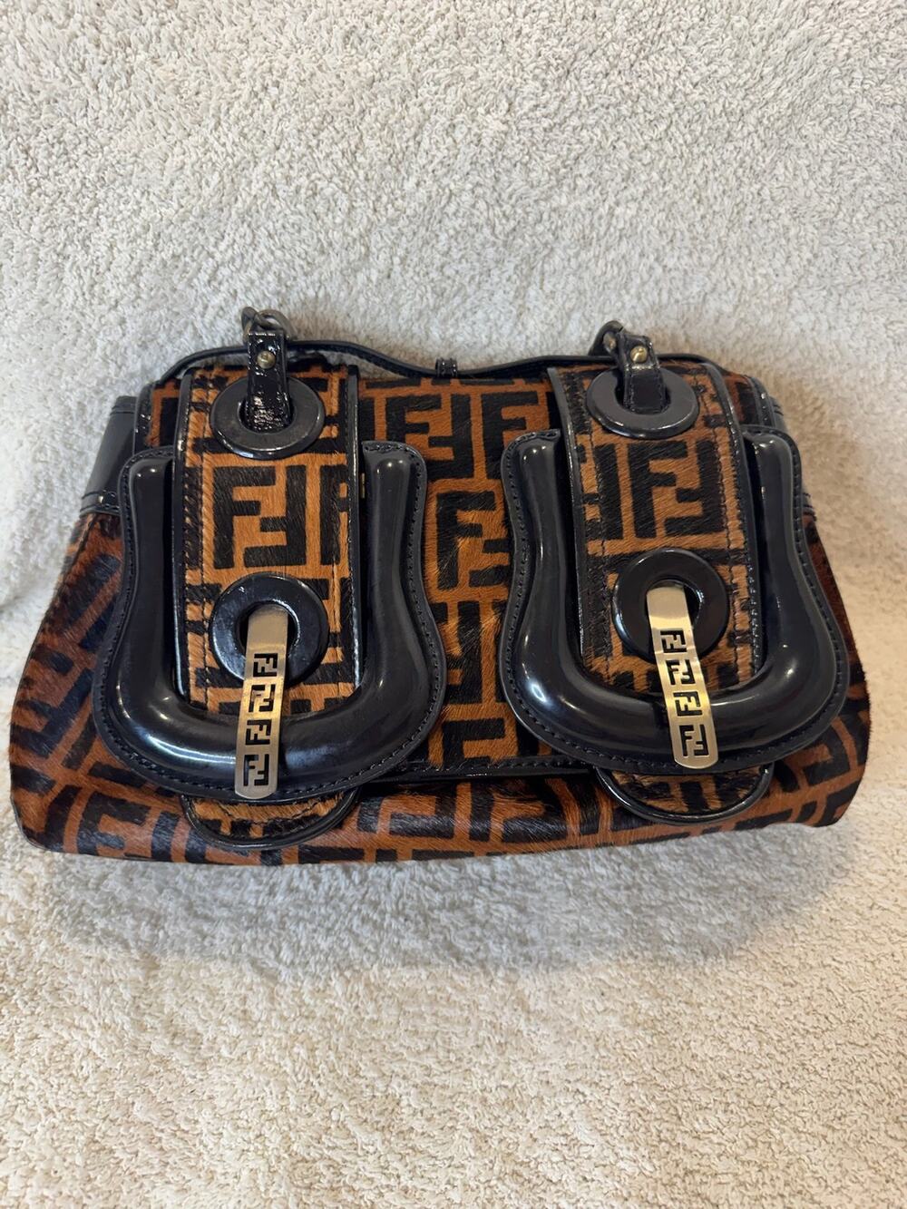 Vintage Fendi Zucca Monogram Baguette Bag Brown Canvas Black Leather Shoulder
